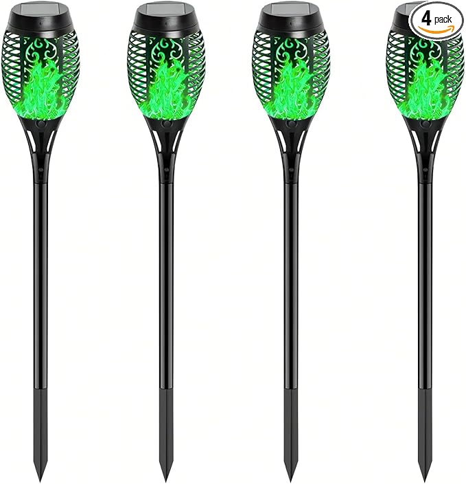 4 Pack Outdoor Solar Flame Light,Solar Lights Outdoor for Garden Decorations with Flickering Flame,IP65 Waterproof Solar Powered Yard Lights Torch Light for Lawn Patio Pathway (Green)