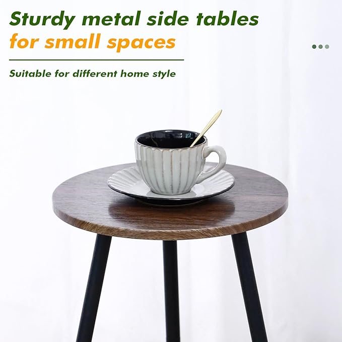 Metal Outdoor Side Tables Set of Two Small Outside Round End Table for Patio Modern Accent Garden Corner Table for Small Spaces, Balcony, Porch, Weather-Resistant Plant Stand Indoor, Woodgrain