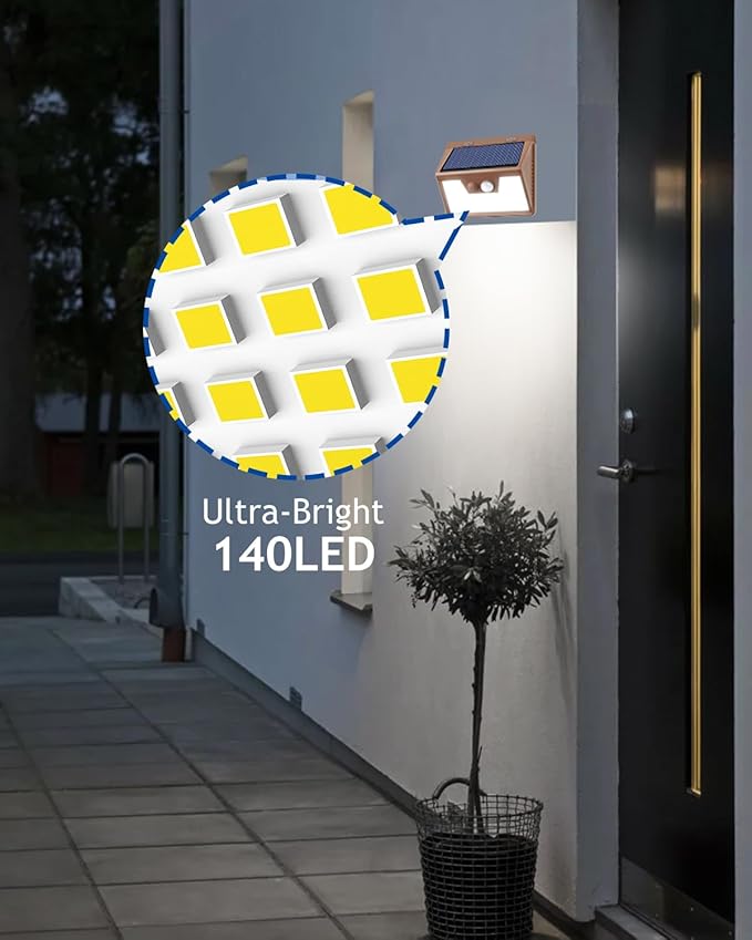 Peasur Brown Solar Lights Outdoor Waterproof, 4Pack 140LED Solar Powered Motion Sensor Lights, 3 Modes Solar Security Wall Lights for Fence Garden Yard Outside Cool White