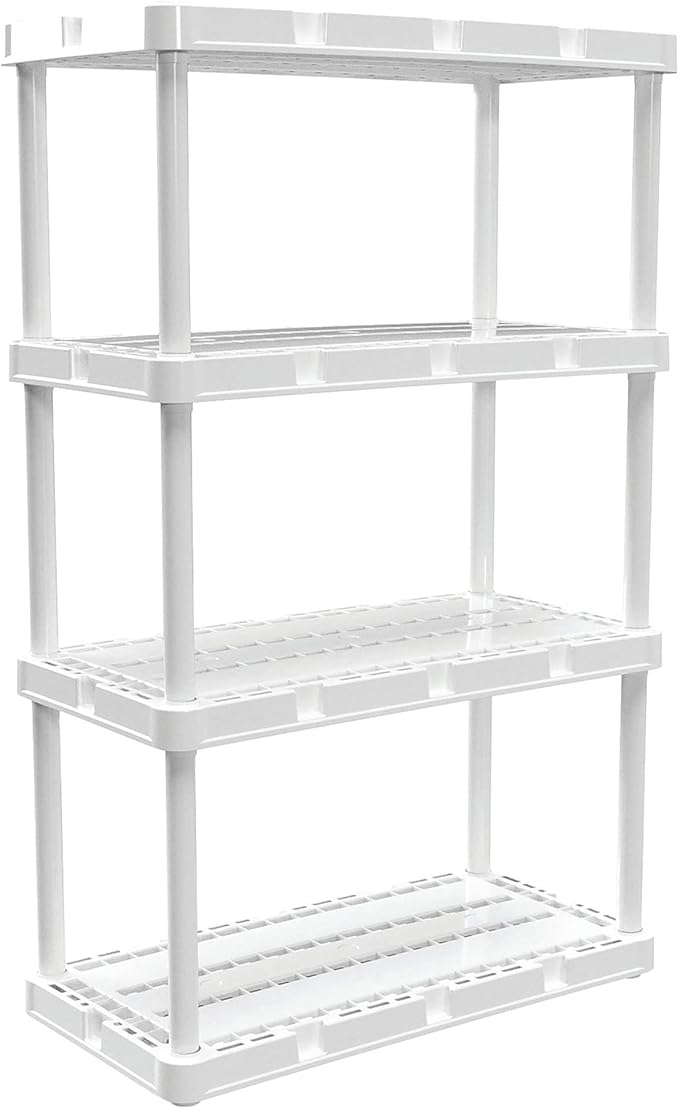 Gracious Living 4 Pack Light Duty Storage Shelves, Knect-A-Shelf 4-Shelf Ventilated Shelving Rack Organizer for Home, Garage, Basement & Laundry, White