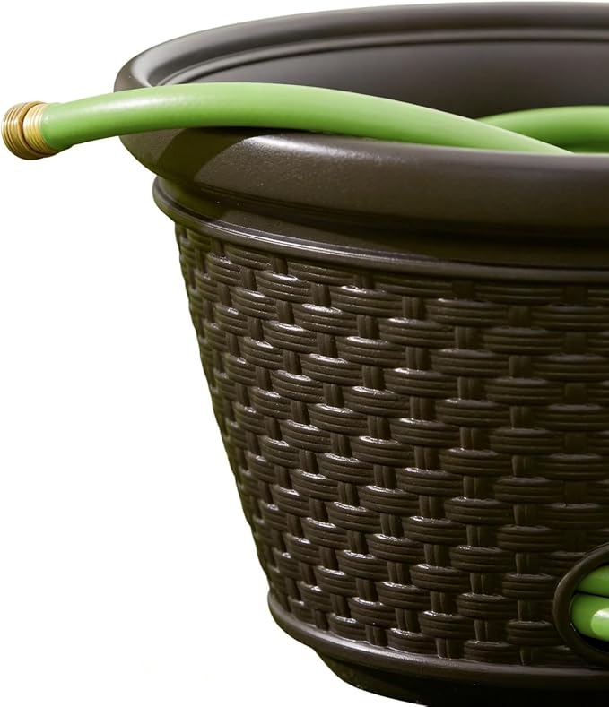 Decorative Wicker Garden Hose Holder Pot - 100 Foot Hose Storage with 4 Drain Holes, Java Brown Resin Outdoor Container, 18 x 12 Inch