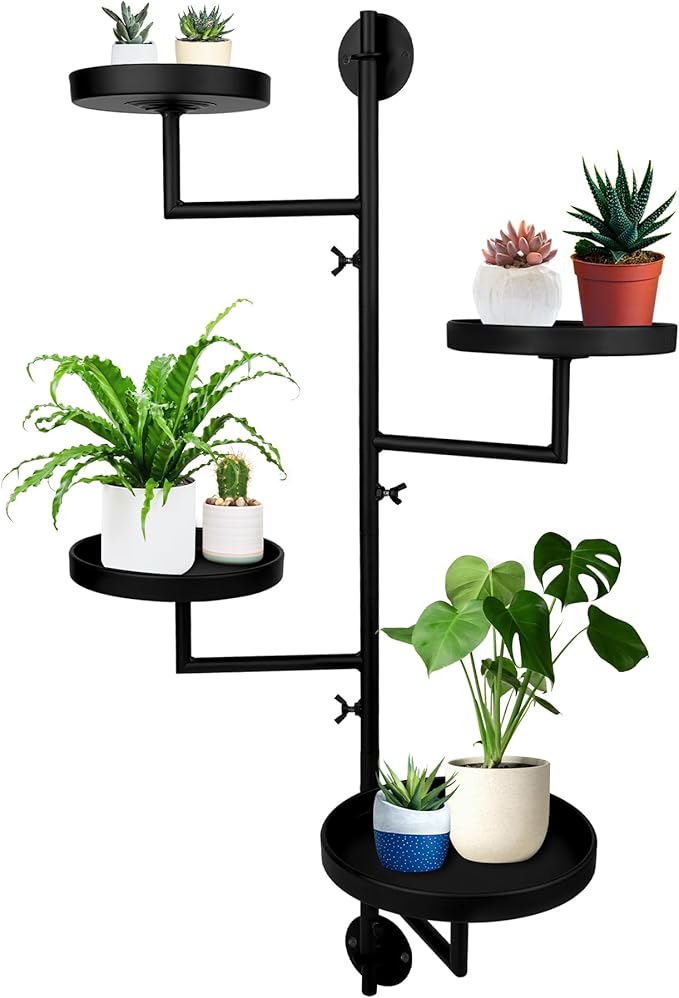 Rotating Window Plant Shelves with Adjustable Knobs, 4 Tiers Metal Wall Shelf for Plants Indoor, Sturdy Hanging Plant Holder, Window Wall Decor & Gardening Gifts (Black)