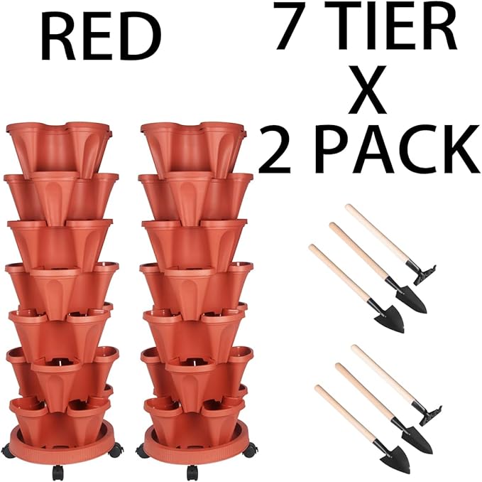 GameXcel Vertical Planter 7 Tier Stackable Planters Garden Planters Strawberry Herb Flower and Vegetable Planter Indoor Outdoor Gardening Pots with Removable Wheels and Tools 2-Pack
