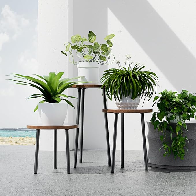 Plant Stand Indoor 2 Pack: Plant Table 14''&20'' Wooden & Metel Heavy Duty Stands for Flower Lovers - Mid Century Modern Design Stool for Bedroom/Living Room/Patio/Garden