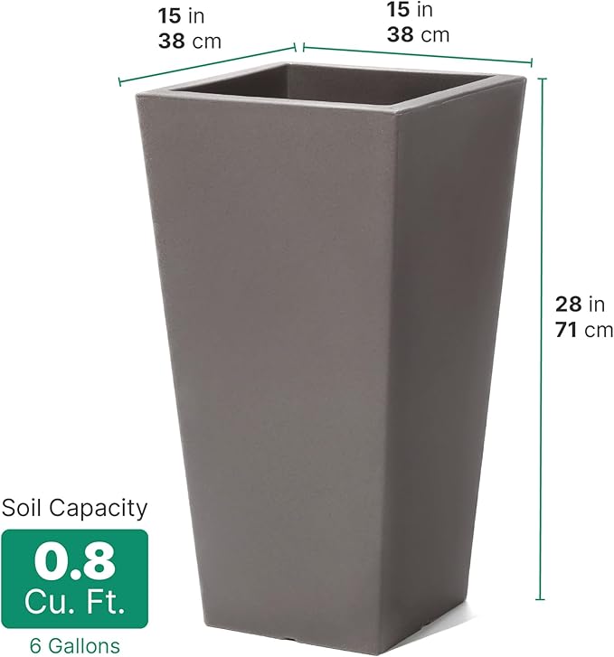 Step2 Tremont Tall Square Tapered Planter, 28", Indoor/Outdoor Plants, Efficient Drainage, Durable Resin, Dark Cedar