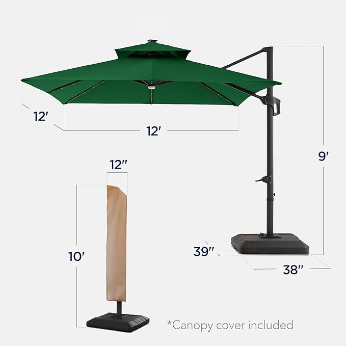 Best Choice Products 12x12ft LED Cantilever Patio Umbrella w/Base Included & 360° Rotation, Large Solar Offset Hanging Outdoor Sun Shade for Deck, Backyard Table w/Stand & Lights – Green