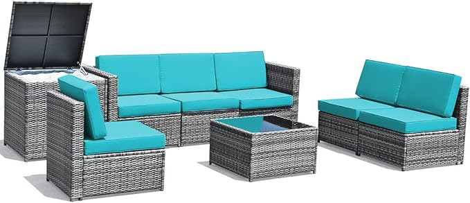 Tangkula 8 Pieces Wicker Patio Furniture Set with Storage Deck Box, PE Rattan Outdoor Sectional Conversation Set with Coffee Table & Cushions, Outside Furniture for Garden Yard Poolside (Turquoise)