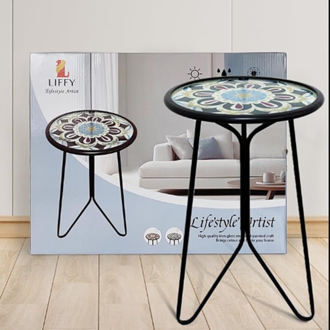 LIFFY Outdoor Side Table,12" Indoor Small Round Glass Tabletop Accent Table with Metal Frame, Home Decorative Plant Stand & End Table Outside for Patio, Garden, Yard, Kitchen, Porch