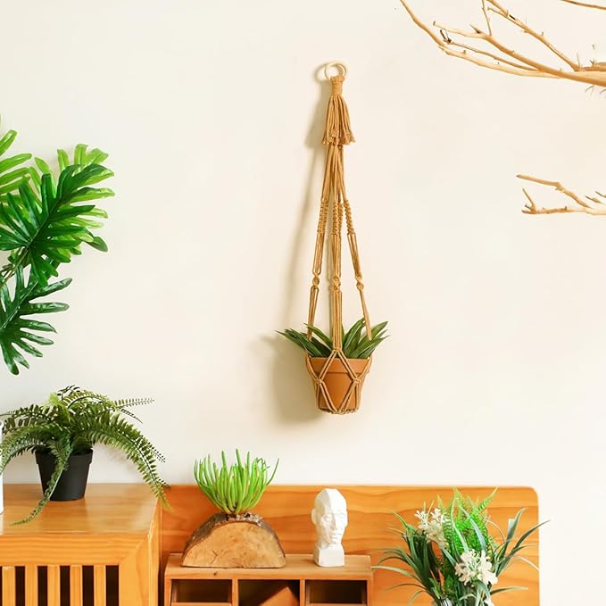 Artilady Plant Hanger Indoor Macrame Hanging Planters for Plants Holder Boho Brown Basket No Tassels Farmhouse Rustic Window Wall Decor (Brown Planter-1pcs)