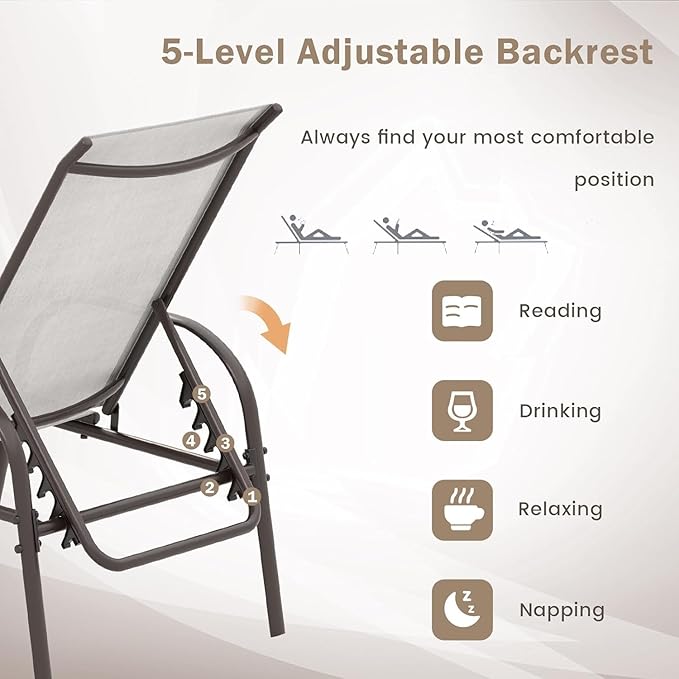 Giantex Patio Lounge Chair, Outdoor Chaise Lounge with 5 Adjustable Backrest, Sturdy Steel Frame, Sunbathing Recliner, Beach Chair, Tanning Chair for Outside, Yard, Balcony, Pool Chairs, Grey