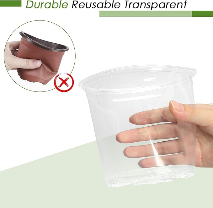 5 Inch Clear Nursery Pots for Plants with Sacuers 15 Pack, Plastic Flower Pots with Drainage Holes, Variety Pack Seedlings Garden Pot for Indoor Outdoor (5 inch)