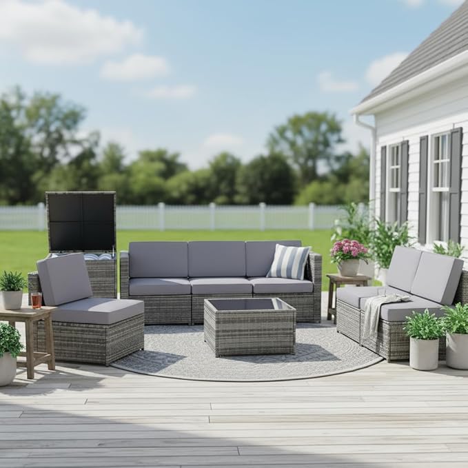 Tangkula 8 PCS Outdoor Patio Furniture Set, Rattan Wicker Sofa Set, Sectional Sofa Couch Conversation Set w/Storage Table and 12 Zippered Cushions for Garden Backyard Poolside (Grey)