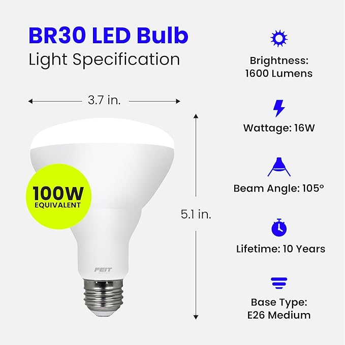 Feit Electric BR30 LED Light Bulbs, 100W Equivalent, Dimmable, E26 Standard Base, 80 CRI, 1400 Lumens, 2700K Soft White, 120V, 10 Years Lifetime, Damp Rated, 6 Pack, 100BR30DM82710KLED/6