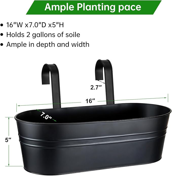 OGIMA Railing Planter Box, 3 Pack 16" Large Hanging Planters for Outdoor Plants with Adjustable Wide Hooks for 2.7'' Railings, Balcony Planters Railing Hanging for Deck, Fence & Patio Decor