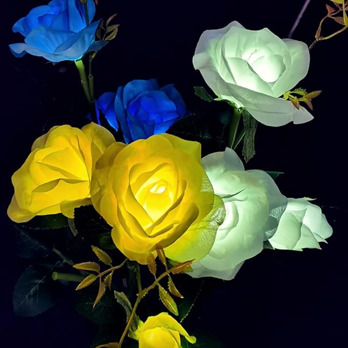 GONIMY Outdoor Realistic Solar Powered Rose Flower Lights Stake,2 Pack 10 Rose Solar Garden Decorative Waterproof Lights for Backyard Patio Pathway Xmas Decoration-Yellow