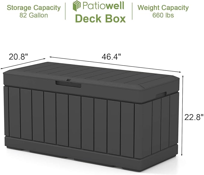 Patiowell 82 Gallon Resin Deck Box, Waterproof Large Wood Look Storage Box for Patio Furniture, Pool Accessories, Garden Tools and Sports Equipment, Lockable, Black