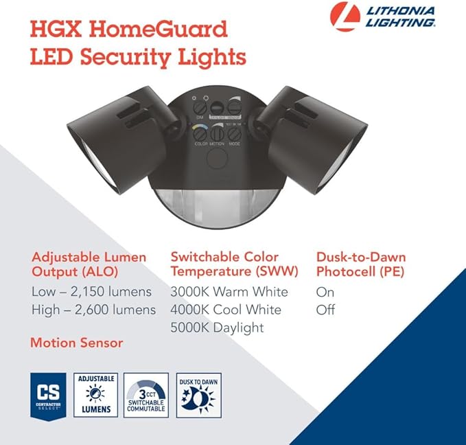Lithonia Lighting HomeGuard 2-Light LED Outdoor Flood Lights, Motion Sensor Outdoor Lights with Dusk to Dawn, Adjustable Lumens and Color, Round Heads, Dark Bronze (HGX LED 2RH ALO SWW2 120 PIR DDB)