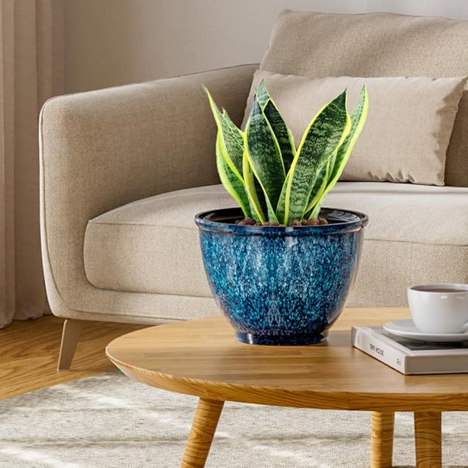 Plant Pots, Set of 4 Plastic Planters with Drainage Hole, 8 Inch Glaze Plastic Flower Pots for Plants, Nursery Planting Pot, Planter for Indoor Outdoor Home Decorative(Blue)
