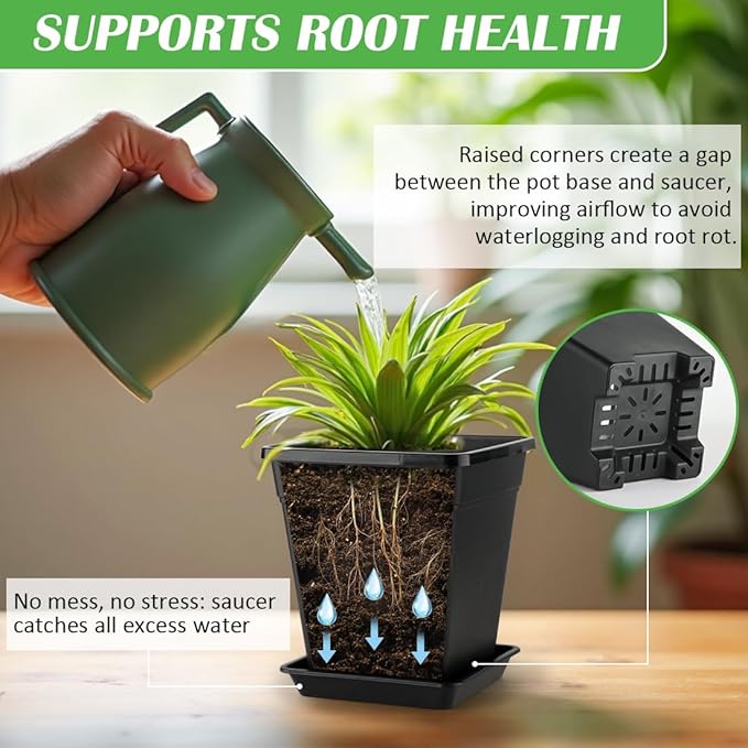 BTPLASTIK 9 Inch Square Planters for Indoor Plants, 8 Pack Large Plastic Plant Pot with Drainage & Saucer, 3 Gallon Modern Decorative Thick Outdoor Garden Container for Potted Plants