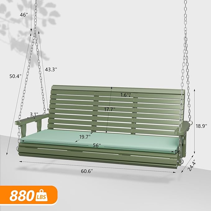 VINGLI Heavy Duty 880 LBS Patio Wooden Porch Swing Outdoor with Extra Cushion, Farmhouse Hanging Bench Tree Swing with Adjustable Chains for Yard | Garden | Lawn | Balcony (5 FT, Green)