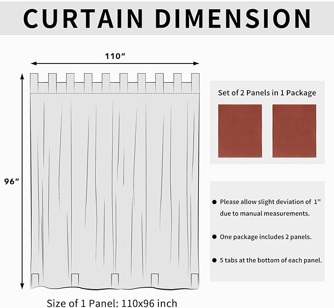 Easy-Going Outdoor Patio Curtains Detachable Tab Top Windproof Weatherproof Curtain for Cabana, Porch, Pergola and Gazebo, Tab Bottom Drape, 2 Panels, 110W x 96L inch, Terra Red