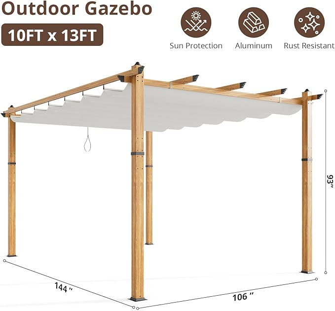 10 x 13 ft Aluminum Pergola with Adjustable Canopy, Outdoor Metal Pergola, Imitation Wood-Grain Sun Shade Shelter for Garden Patio Backyard Deck