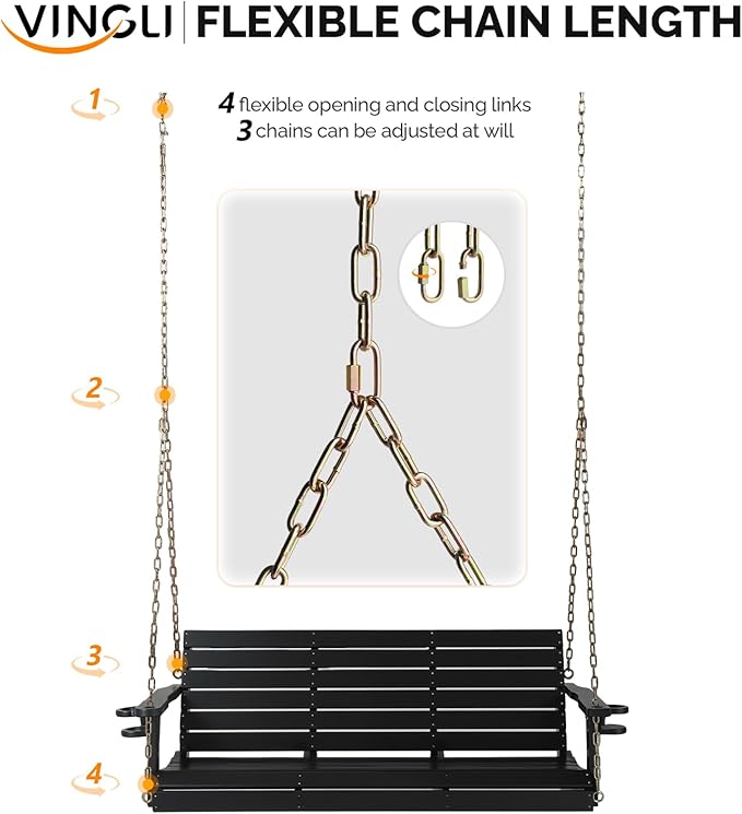 VINGLI Heavy Duty 1600 LBS HDPE Porch Swing Outdoor with Rotatable Cup Holder, 5 FT Patio Bench Swing with Adjustable Chains, 3 Person Hanging Porch Swing Chair for Porch, Yard, Tree, Garden - Black