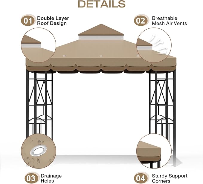 10x10 Canopy Replacement Top Double Tiered Gazebo Cover for Yard, Patio & Garden Durable Sunshade Replacement (Coffee Liqueur+Brown with lace)