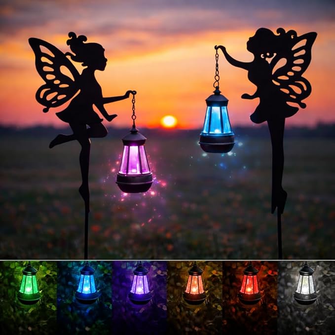 Solar Fairy Garden Lights Outdoor – Spring Decorations Yard Ornaments, Color-Changing LED Fairy Statue with Lantern, Solar Powered Garden Stakes for Patio, Lawn & Pathway Decor (Set of 2)