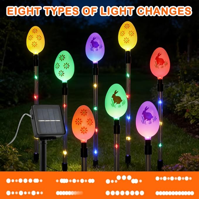 8 PCS Solar Easter Eggs Stake Lights, IP65 Waterproof Multicolor Outdoor Easter Pathway Lights Auto On/Off Solar Stake Light for Lawn Landscape Yard Patio Decorations