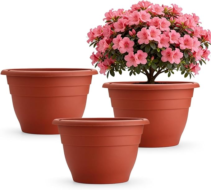 3 Pack 11 Inch Plant Pots with Drainage,Terracotta Plastic Planters for Indoor Outdoor Plants,Hanging Flower Pots for Patio,Garden,Balcony (Pottery Red)