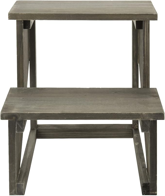 MyGift 2 Tier Rustic Dark Gray Wood Desktop Plant Rack, Farmhouse Style Planter Stand, Desk Display Organizer, Standing Flower Pot Shelf for Garden, Living Room