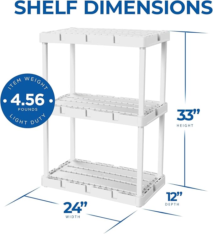 Gracious Living 2 Pack Light Duty Storage Shelves, Knect-A-Shelf 3-Shelf Ventilated Shelving Rack Organizer for Home, Garage, Basement, Laundry, White