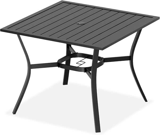 MELLCOM 37''x37'' Outdoor Dining Table for 4, E-Coating Metal Patio Dining Table with 1.57'' Umbrella Hole, All-Weather Black Square Table for Porch, Garden, Backyard, Poolside