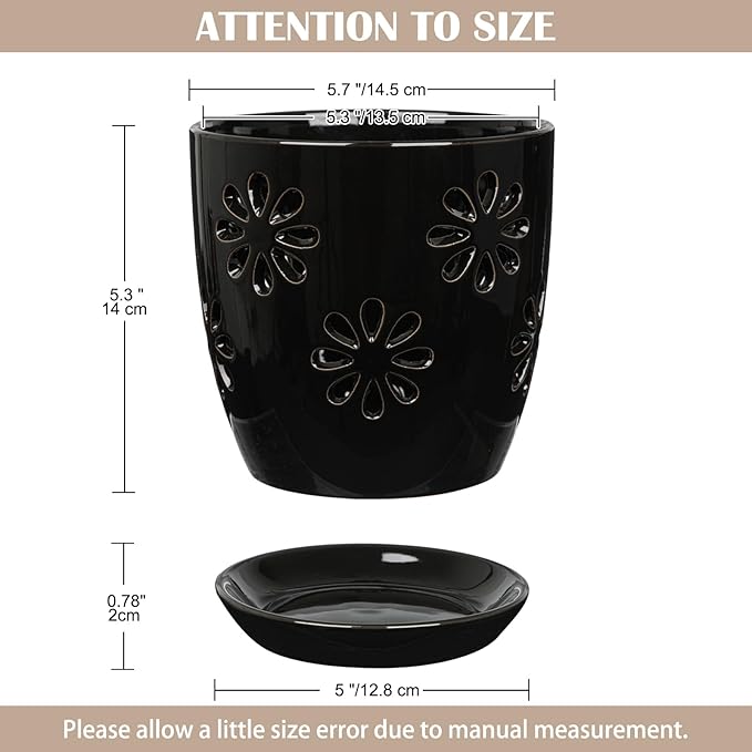 Oairse 6 inch Orchid Pots with Holes, Black Ceramic Orchid Pot for Repotting Small Indoor Plant Pots with Drainage Holes and Saucers Decorative Flower Planter for Orchids, Indoor Plant