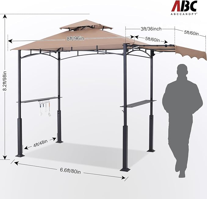 ABCCANOPY Grill Gazebo with Extra Awning - 11x5 Outdoor BBQ Canopy Shelter with 2 Led Lights for Patio Backyard Grilling (Khaki)