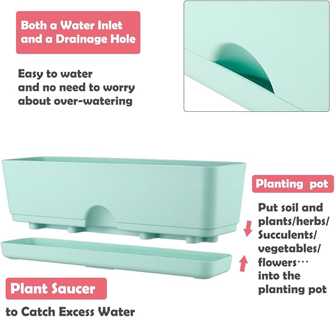 6 Pack Rectangle Planter 16x4.4 Inch Window Boxes Planters Rectangular Large Window Sill Planters Indoor Self Watering Plant Pots with Drainage Holes and Saucers Succulent Herb Flower Pots, Blue