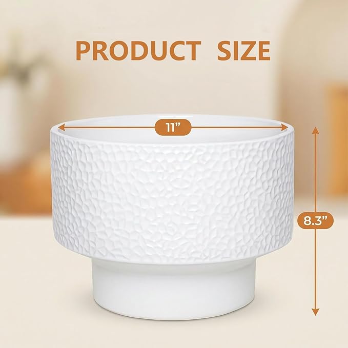 11 Inch Ceramic Plant Pots, Planter Pot with Drainage Hole, Honeycomb Ceramic Flower Pot Outdoor Indoor, Large Modern Decorative Planters for Home/Office Plants, White