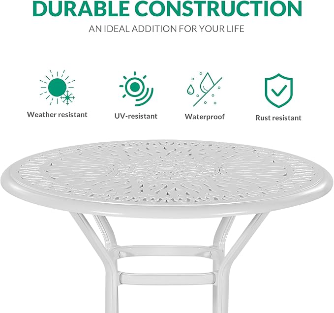 VIVIJASON 3-Piece Patio Swivel Bar Stools Set, All Weather Cast Aluminum Outdoor Bar Height Bistro Set with 2 Cushioned Bar Chairs & 35.4" High Bar Table w/Umbrella Hole for Backyard, Lawn, White