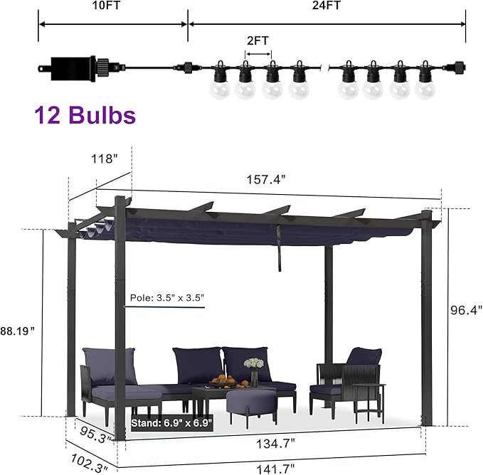 PURPLE LEAF 10' x 13' Outdoor Retractable Pergola with Double Sun Shade Canopy Patio Aluminum Pergola Metal Shelter with Light for Backyard Deck Garden, Navy Blue