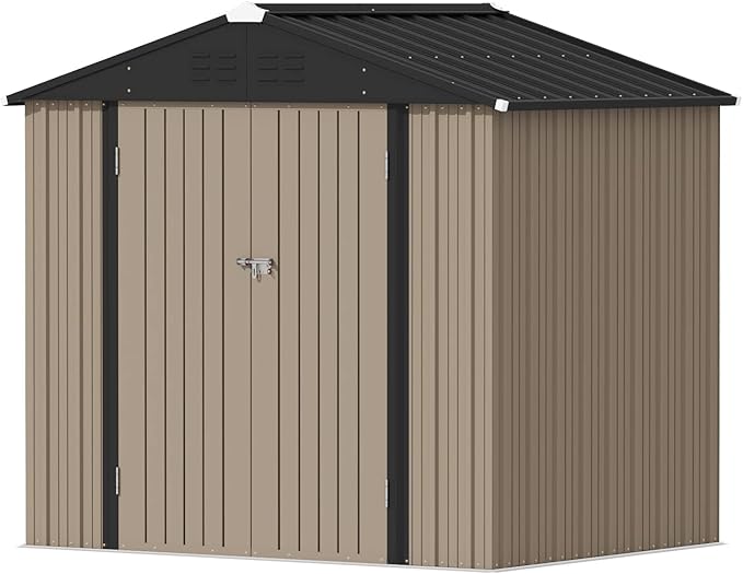 Devoko Outdoor Storage Shed 8 x 6 FT Lockable Metal Garden Shed Steel Anti-Corrosion Storage House with Single Lockable Door for Backyard Outdoor Patio (Brown)