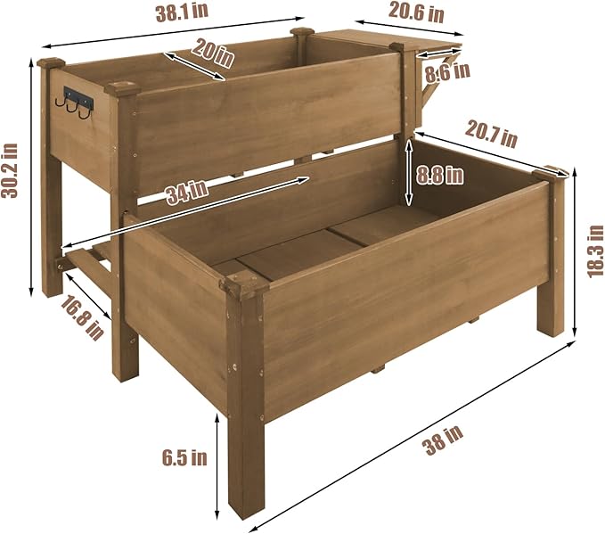 2-Tier Raised Garden Bed with Legs Outdoor Elevated Garden Box,Storage Shelf,Protective Liner for Backyard,Patio,Balcony,55x42x30in (Brown)