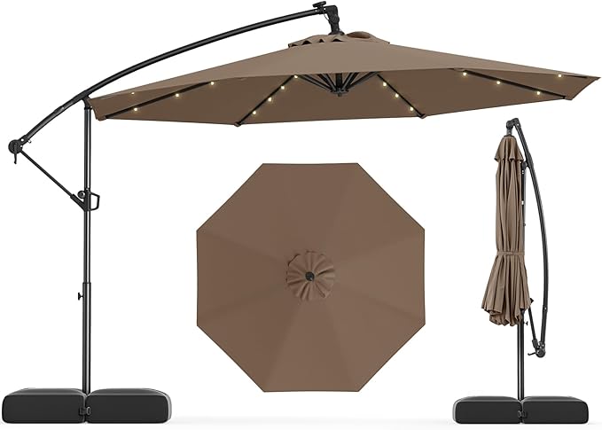 Tangkula 10ft Solar LED Patio Umbrella with Base, Offset Cantilever Outdoor Umbrella with 32 LED Lights, Infinite Tilt, 360 Degree Rotation, Crank Handle for Pool Deck Garden Backyard (Tan)