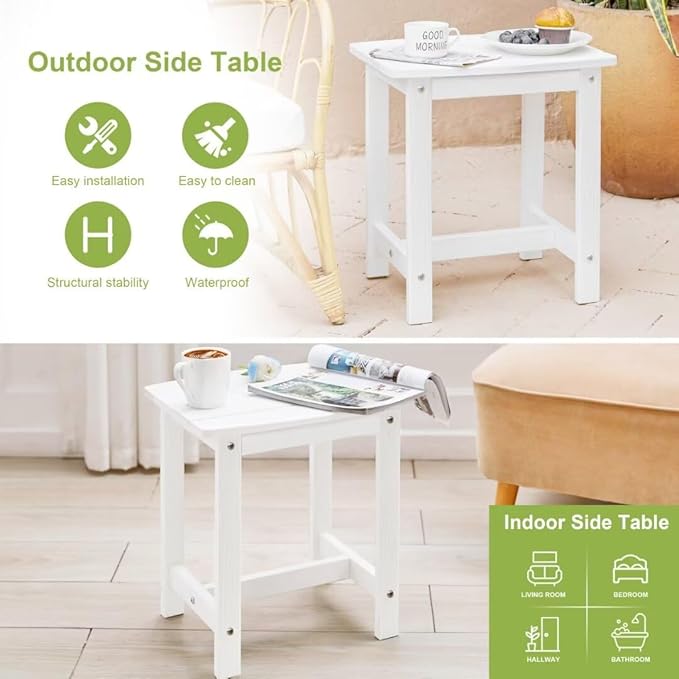 Y&M Outdoor Side Table, HIPS Adirondack Small Single Table, Waterproof Square Outside Table, Balcony Modern End Tables for Patio, Pool, Beach, Porch, Deck, Indoor or Outdoor Use, White