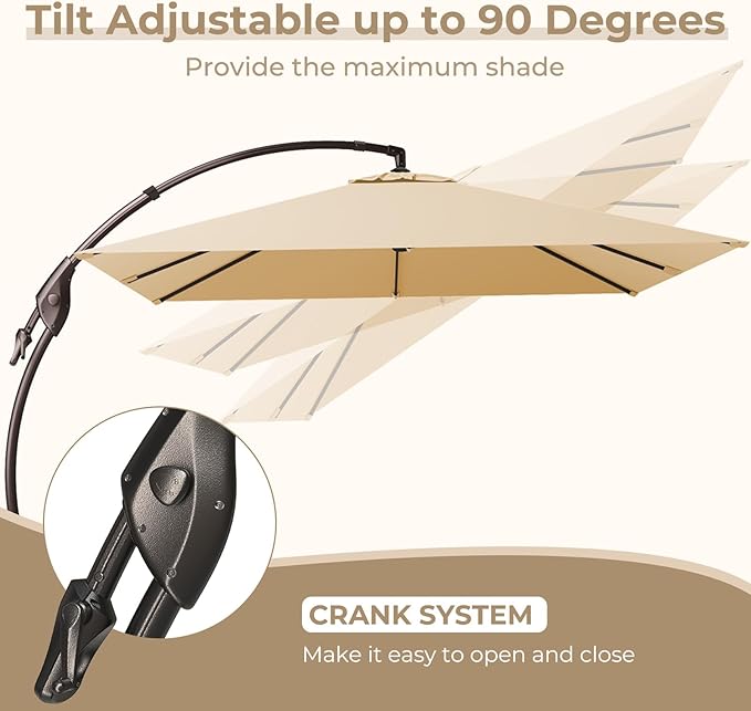 Grand patio Sunbrella 10x10 FT Cantilever Umbrella with Base Included Patio Square Aluminum Offset Umbrellas for Outdoor Pool (Flax, 10X10 FT-SUNBRELLA)
