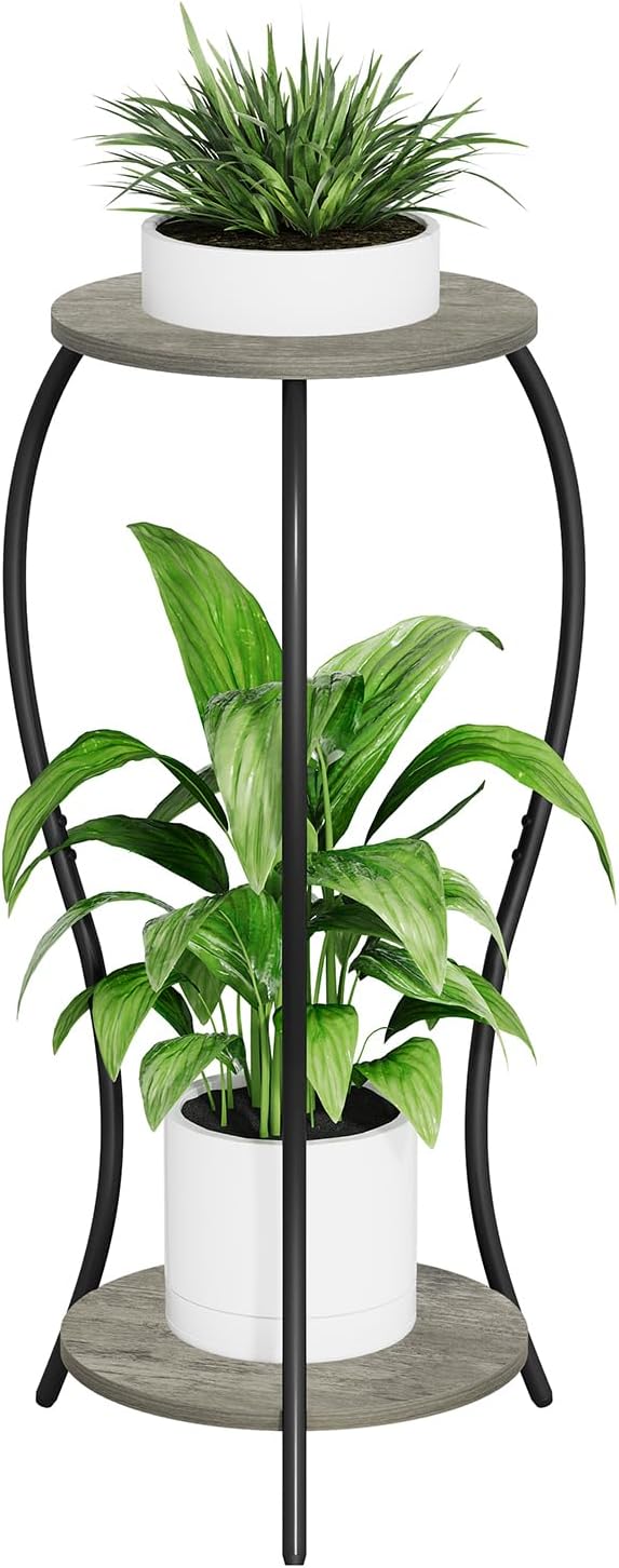 Plant Stand Indoor, 2 Tier Round Tall Plant Stand, Flower Pot Stand, Plant Shelf Rack, Corner Plant Stand for Planter Garden Balcony Patio Living Room (Grey-Wood, 2 Tier)