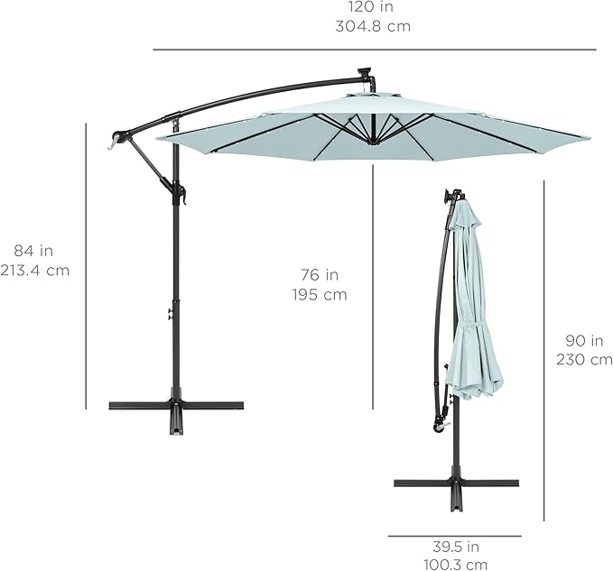 Best Choice Products 10ft Solar LED Offset Cantilever Hanging Market Patio Umbrella, 8 Sturdy Ribs, Easy Adjustment - Baby Blue