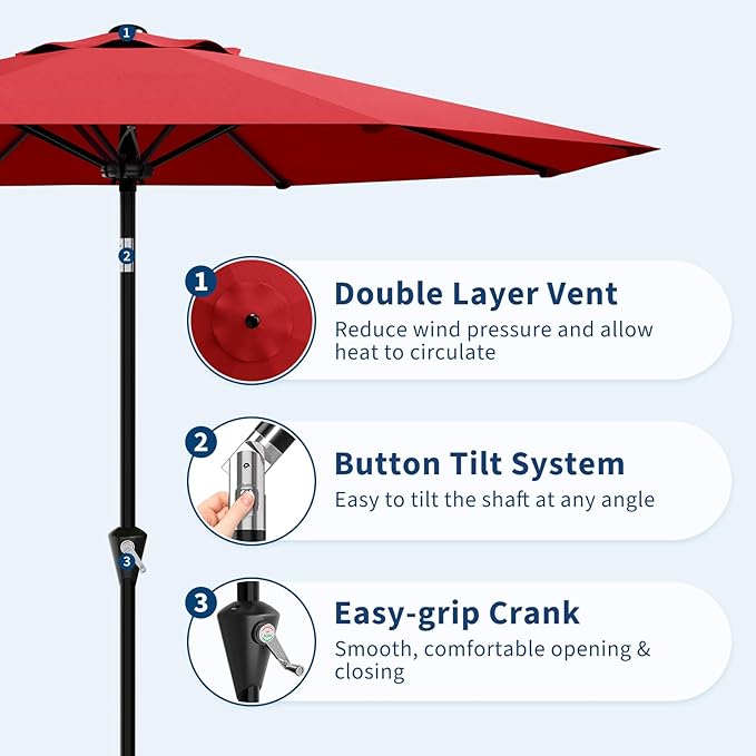 Garvee 10FT Patio Umbrella - Outdoor Table Umbrella with Smooth Crank Lift, Push Button Tilt and 8 Sturdy Ribs - Market Umbrella UV Protection Waterproof for Pool, Deck, Yard, Garden (Red)