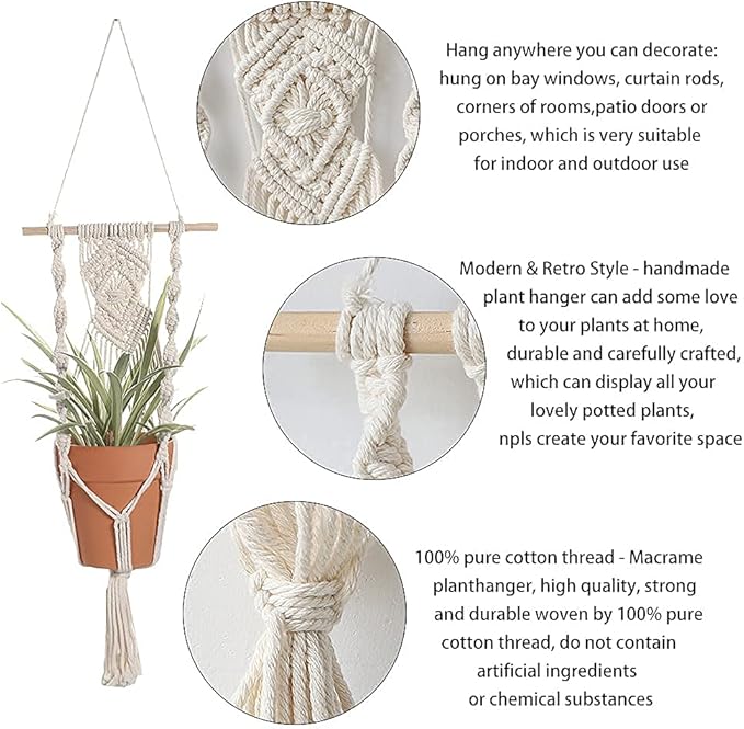 Artilady Boho Macrame Plant Hangers - Handmade Hemp Rope Hanging Baskets for Plants with Ceiling Hooks, Bohemian Home Decor Wall Art (White Wood Hanger-2pcs)