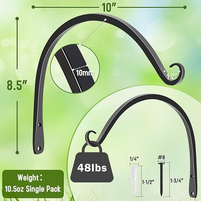 FEED GARDEN 2 Pack 10 Inch Hanging Plant Bracket Wall Hooks Decorative Plant Hangers for Outdoor Hanging Bird Feeders, Wind Chimes, Plant Baskets, Black